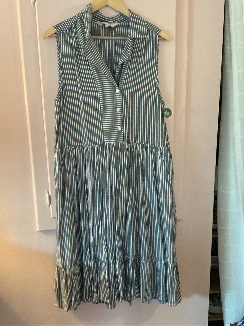 Striped Sleeveless Collared Midi Dress in Blue and White